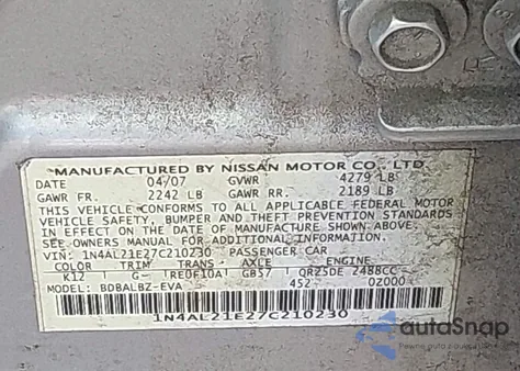 2007 Nissan Altima 2.5 S z USA, uszkodzony, nr VIN 1N4AL21E27C210230